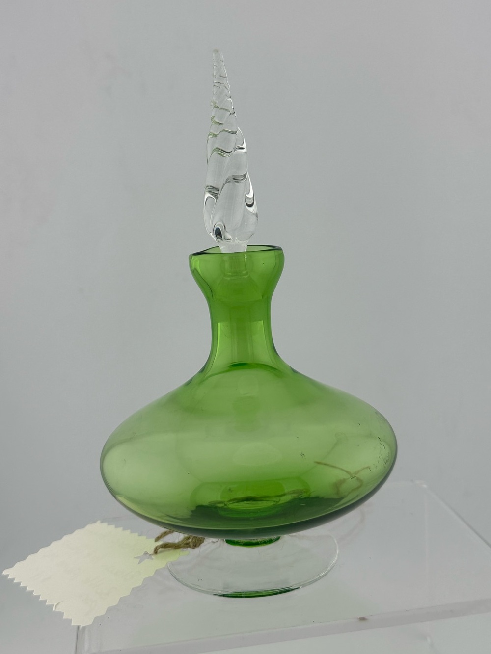 Vintage Green Blown art Glass Perfume Bottle with Clear flame Glass Stopper